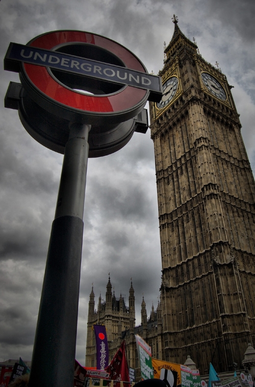 Tube Station Sign and Big Ben, London.